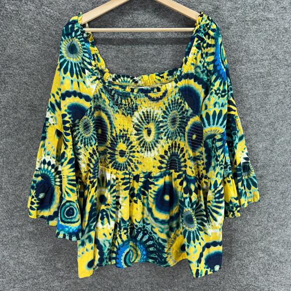 Terra Tops - Terra & Sky Blouse Women 2X Plus Yellow Geometric 3/4 Sleeve Square Neck Cotton